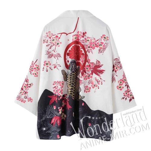 Японское кимоно - белое с цветами сакуры и рыбой кои / Haori - White with sakura flowers and koi fish